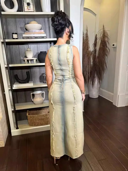 Trendy Denim Hollow Out Vest And High Slit Skirt Set