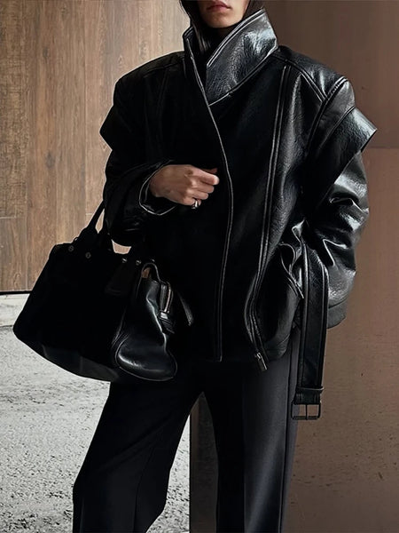 Trendy Retro Black Leather Belted Coat