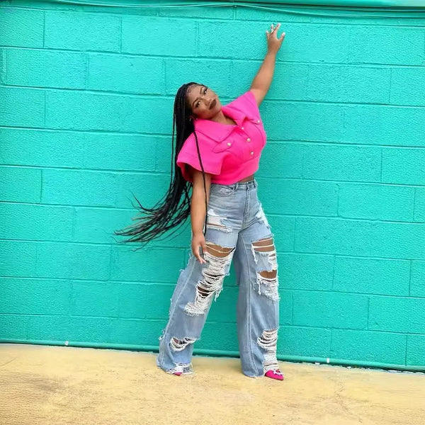 Trendy Rigged Hollow Out High Waist Denim Jeans