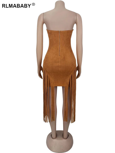 Trendy Fringed Tassel Backless Dress With Belt