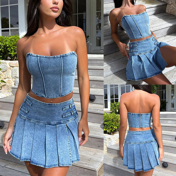 Trendy Two Piece Pleated Denim Skirt And Top Set