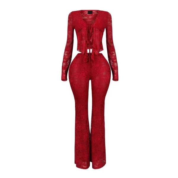 Trendy Lace Cardigan Fringed Two Piece Wide Leg Pants Set