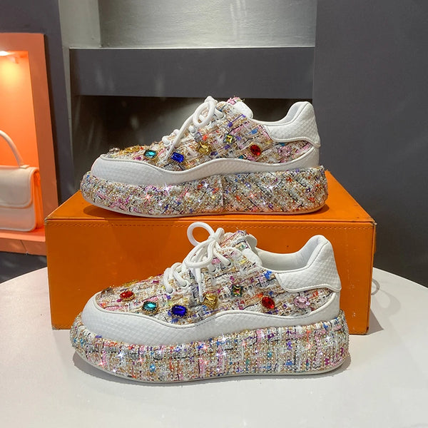 Women's Bead Decoration Luxury Platform Sneakers Diamond Shining Crystal Sports Shoes Designer Shoes Trendy Casual Flat Shoes