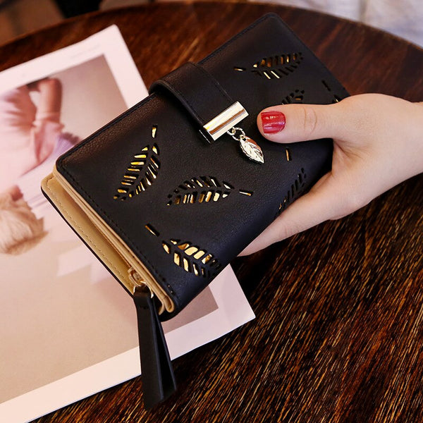 Trendy Leather Hollow Leaves Clutch Purse