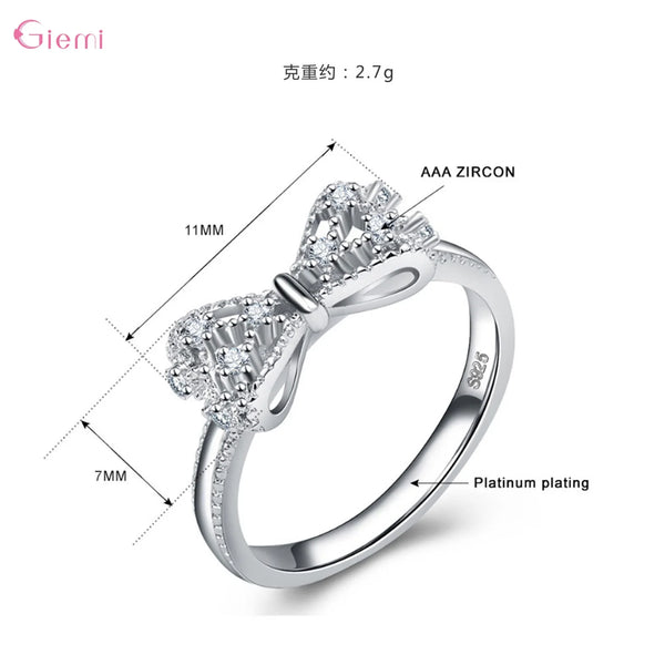 Trendy Sterling Silver Bowknot Cubic Zirconia Rhinestone Ring