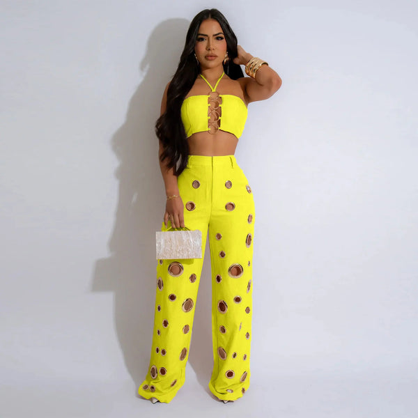 Trendy Hollow Out Two Piece Crop Top And Bottom Pants Set
