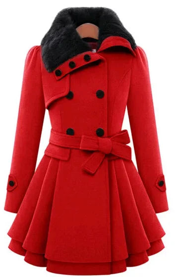 Trendy Woolen Fur Pleated Trench Coat