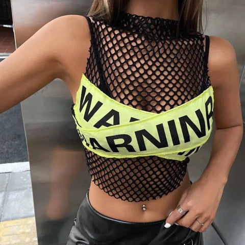 Trendy Mesh Hollow Out Warning Letter Patchwork Tank Top