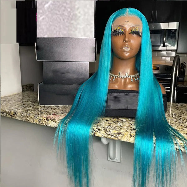Trendy Sky Blue Color 26" Long Silky Straight Lace Wig