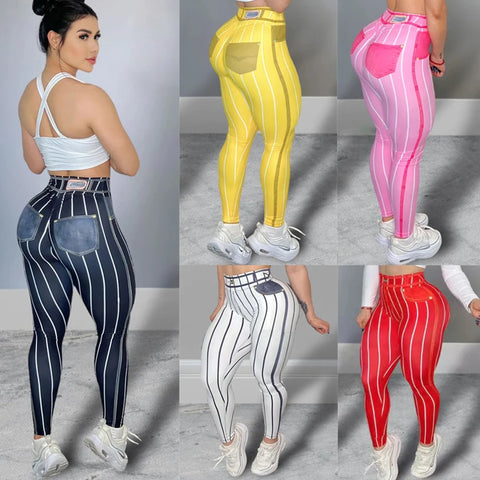 Trendy High Waist Stripe Print Yoga Leggings