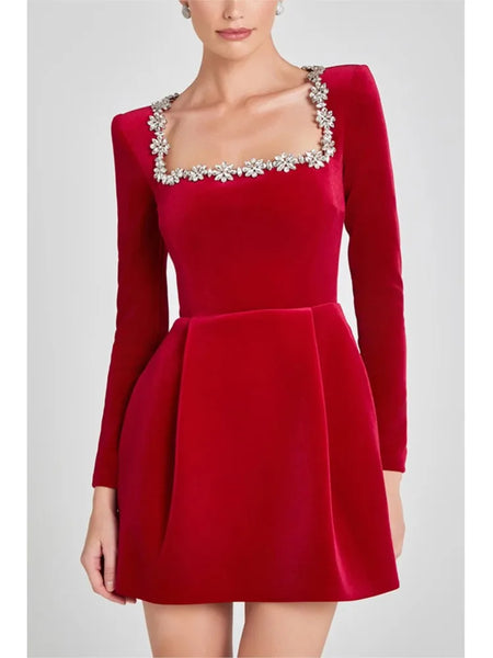Trendy Velvet Square Beaded Collar Dress