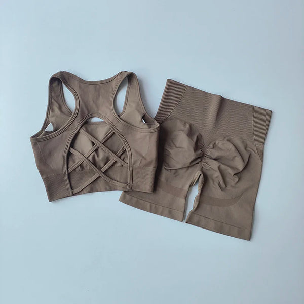 Trendy Yoga Crossed Two Piece Crop Top and Bottom Set