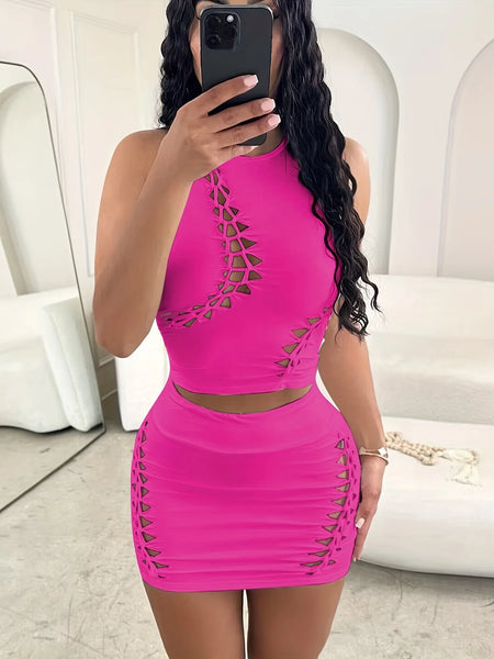 Trendy Rugged Hollow Out Skirt And Crop Top Set