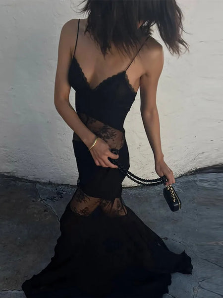 Trendy Black Lace Floral Patchwork Maxi Style Dress