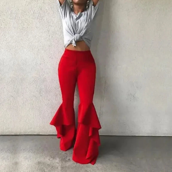 Trendy High Waist Flare Ruffles Slim Pants