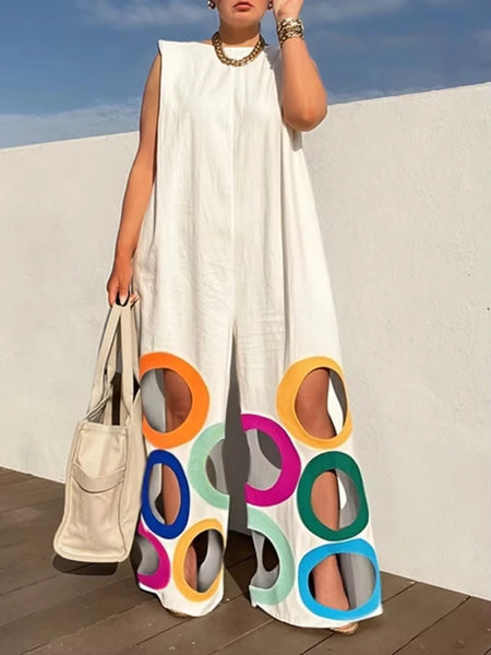 Trendy Hollow Out Wide Leg Rainbow Circle Jumpsuit