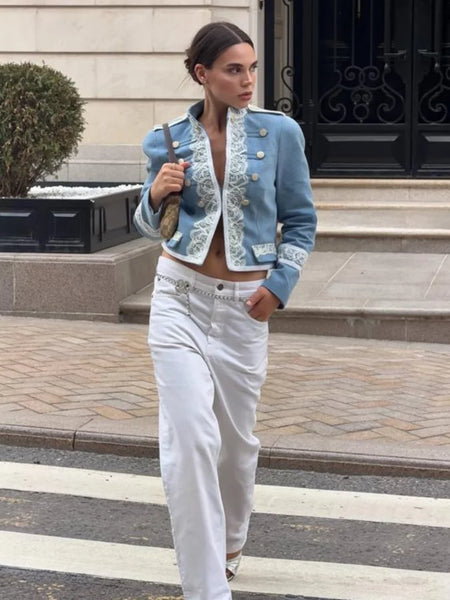 Trendy Denim Cropped Lace Trim Jackets
