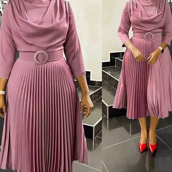 Trendy Pleated Long Sleeve Dress With Belt