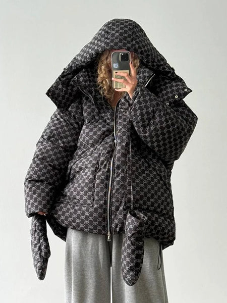 2026 Winter Printed Hooded Puffer Coat Stand Collar Zip Up Big Pockets Women Street Casual Daily Fashion Outfit Trendy Outerwear
