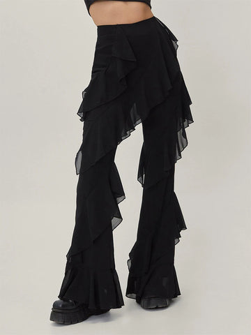 Trendy High Waist Ruffled Solid Black Pants