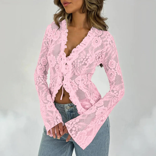 Trendy Lace Mesh Chiffon Long Sleeve Blouse