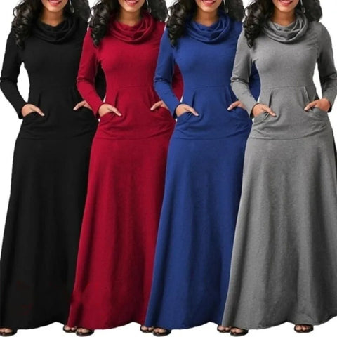 Trendy Sweater High Collar  With Pocket Maxi Dress