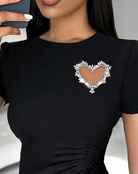 Trendy Rhinestone Hollow Heart Drawstring Shirt