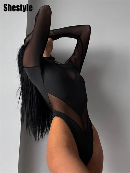 Trendy Patchwork  Mesh Transparent Bodysuit