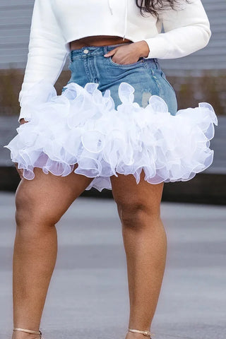 Trendy Plus Size Jean Casual Blue Denim Lace Ruffle Skirt