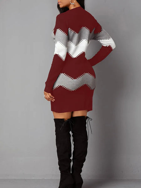 Trendy Knitted Long-sleeve Pattern Mini Dress
