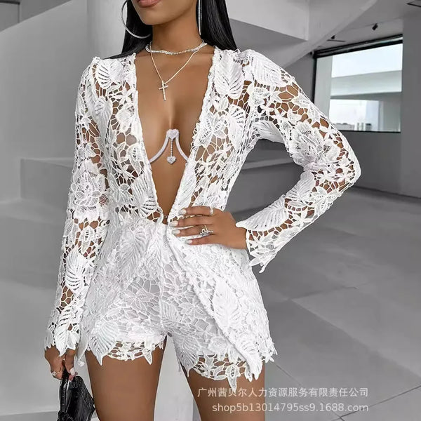 Trendy Hollow Out White Lace Cardigan Top And Bottom Set