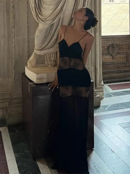 Trendy Black Lace Floral Patchwork Maxi Style Dress