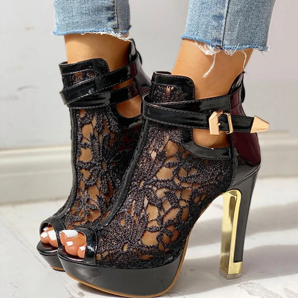 Trendy Floral Lace Hollow High Steel Pump Heels