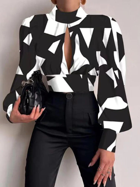 Trendy Backless Hollow Print Crop Blouse