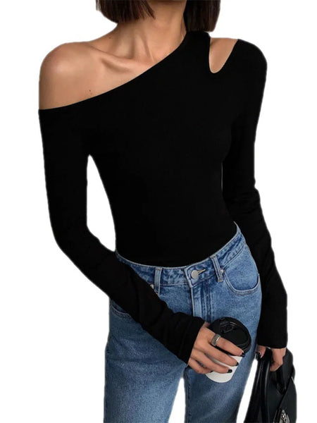 Trendy Off Shoulder Black Hollow Out Blouse