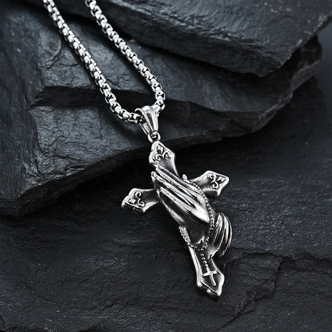 Trendy Stainless Steel Praying Hands On Cross Necklace