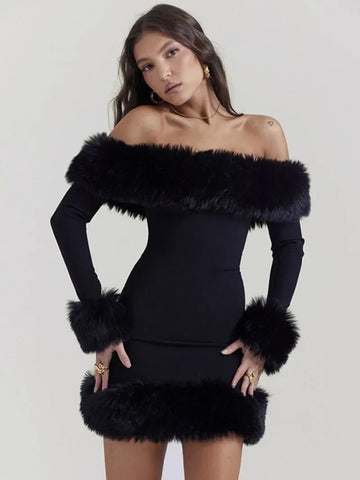 Trendy Off Shoulder Fur Long Sleeve Party Dress