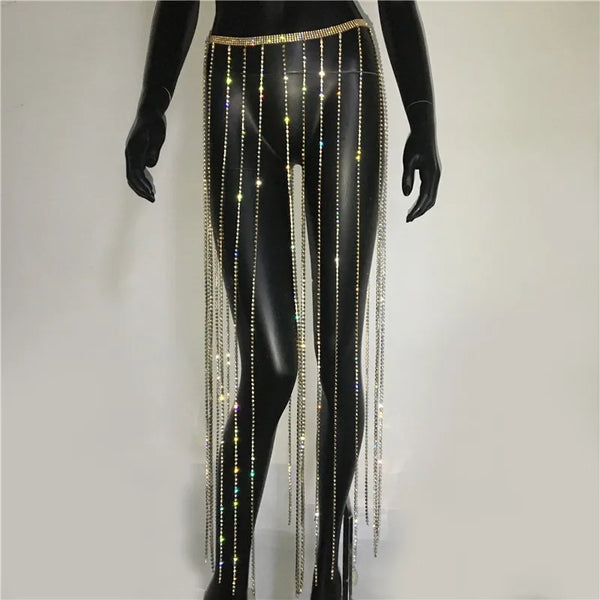 Trendy Glitter Rhinestone Long Tassel Chain Skirt