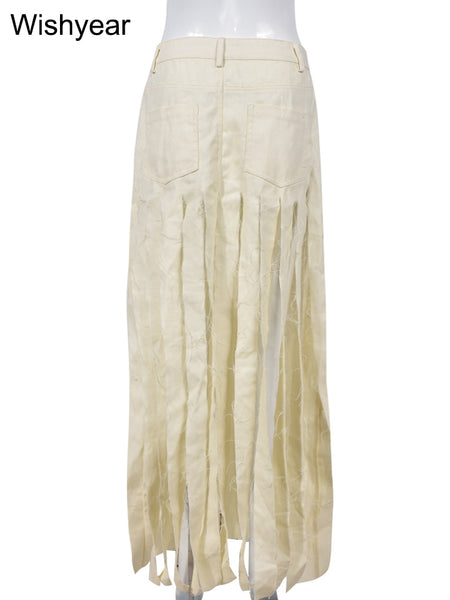 Wishyear 2023 Slit High Waist Fashion Summer Streetwear Woven Pockets Tassel Long Skirt Women Sexy Club Night Rave Maxi Dress
