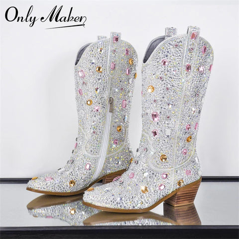 Trendy Sparkle Rhinestone Mid Calf Western Boots