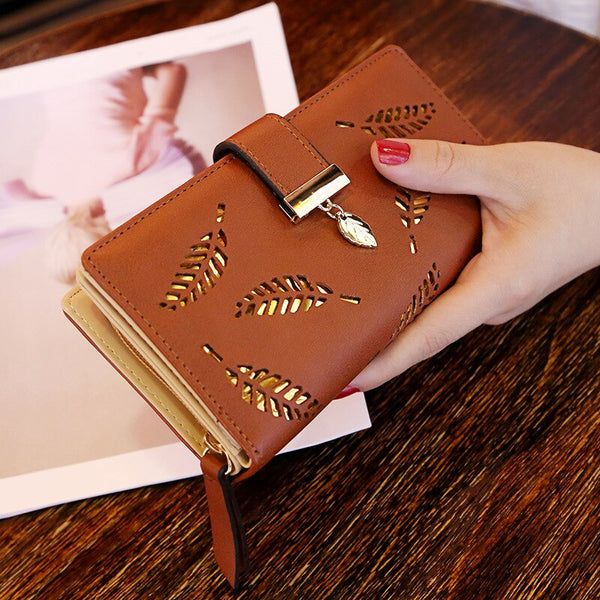 Trendy Leather Hollow Leaves Clutch Purse