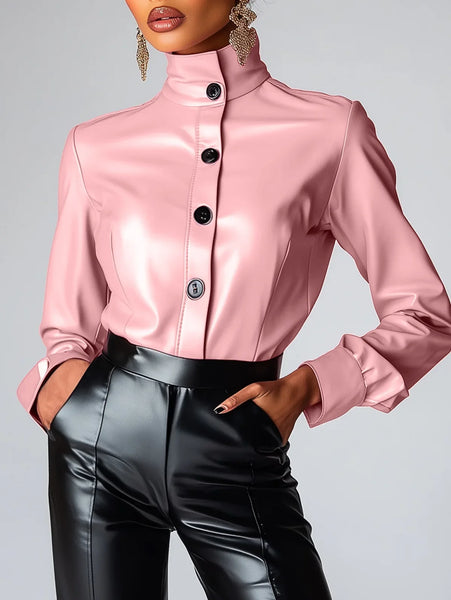 Trendy Pink Faux Leather Long Sleeve Blouse