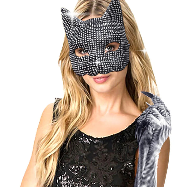 Trendy Cat Inspired Rhinestone Mask Gloves Set