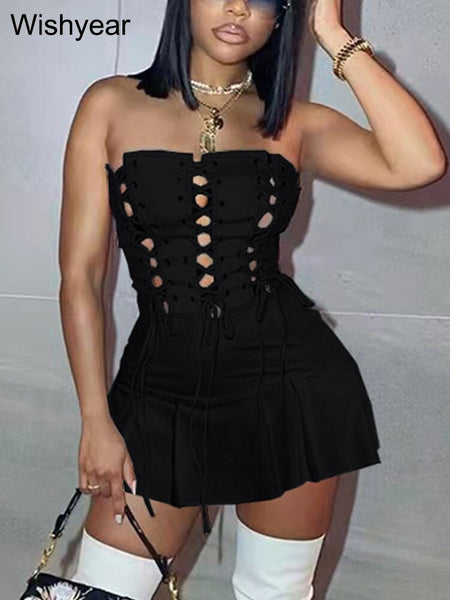 Wishyear Sexy Night Club Party Bodycon Dresses Women Birthday Outfits Summer Vacation Off Shoulder Lace Up Bandage Short Robe