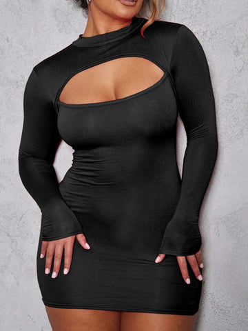 Trendy Hollow Out Long Sleeved Solid Party Dress