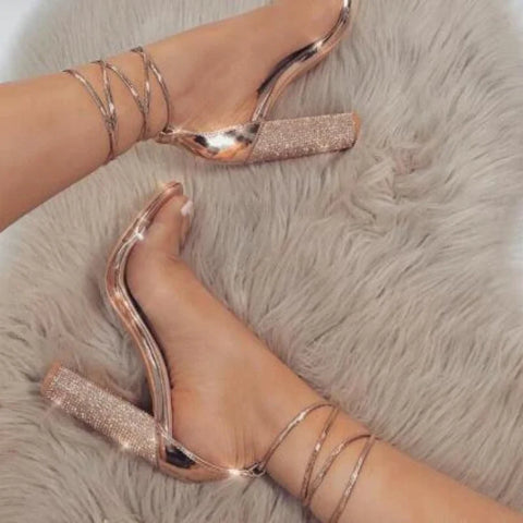 Trendy Ribbon Wrap Around Diamond High Heels