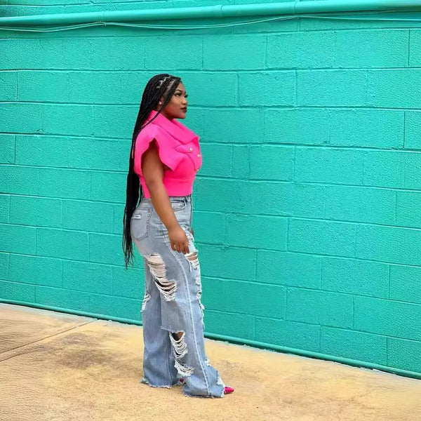 Trendy Rigged Hollow Out High Waist Denim Jeans