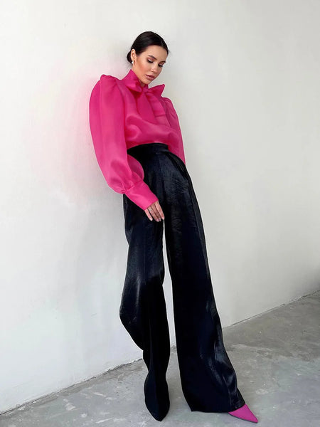 Trendy Puff Sleeve Lace Up Bowknot Collar Blouse