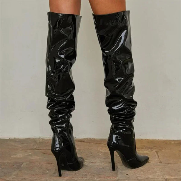 Trendy Over The Knee Pointed Patent Faux Leather Heel Boots