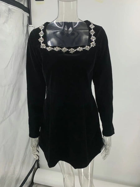 Trendy Velvet Square Beaded Collar Dress